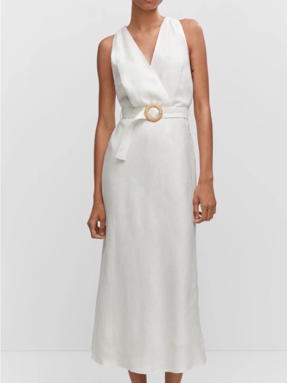 Mango MNG 100% Linen Sleeveless V-Neck Midi Dress with Belt in White
